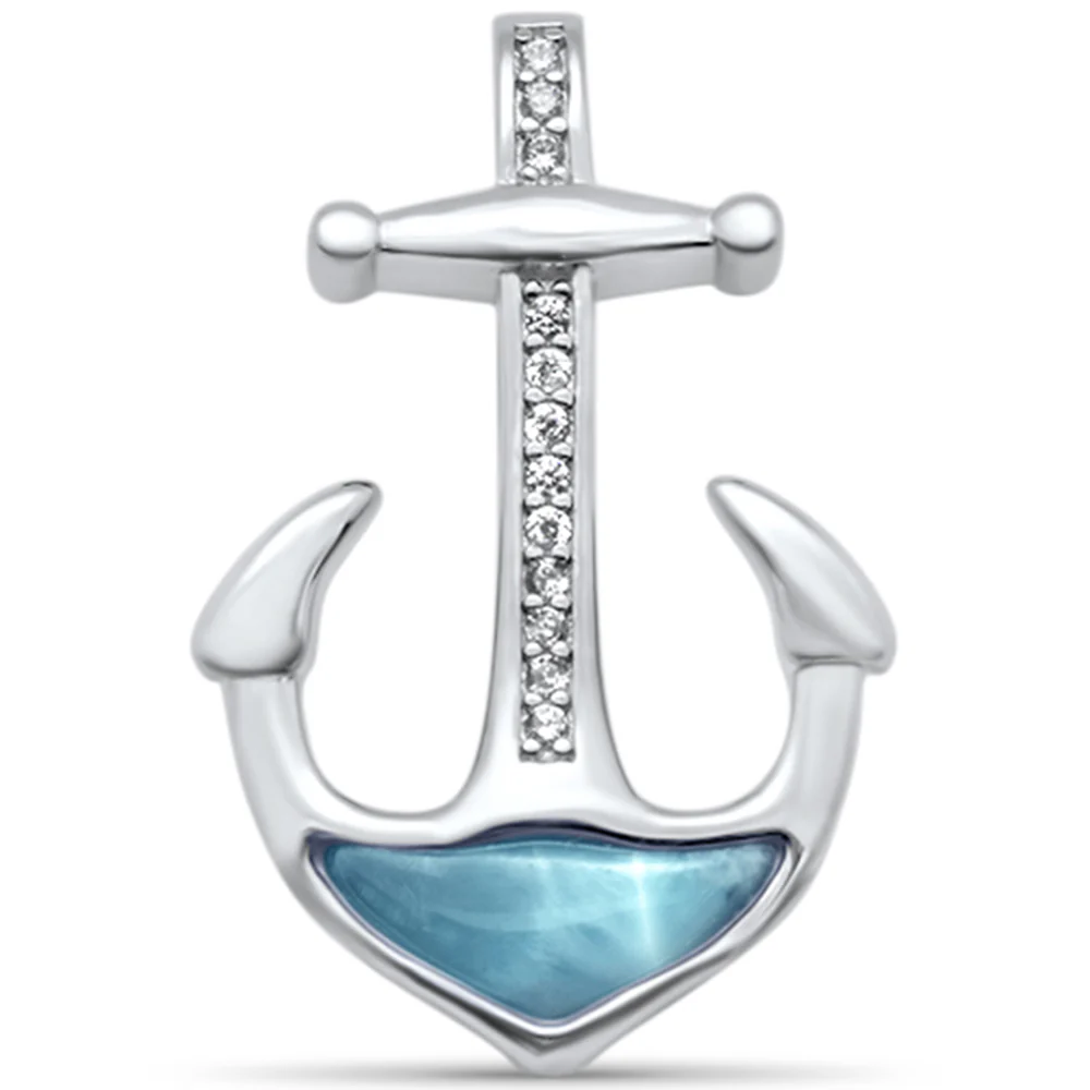 Natural Larimar & CZ Anchor .925 Sterling Silver Pendant