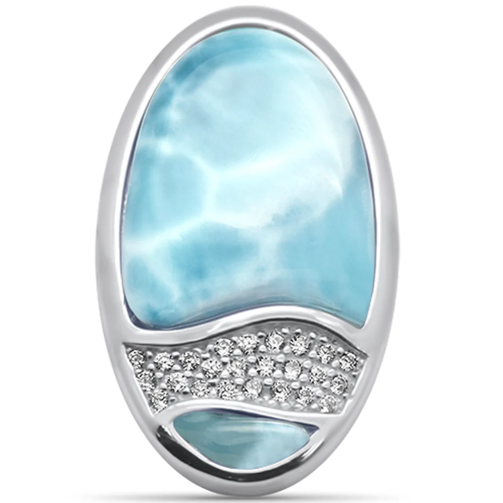 Natural Larimar & CZ .925 Sterling Silver Pendant