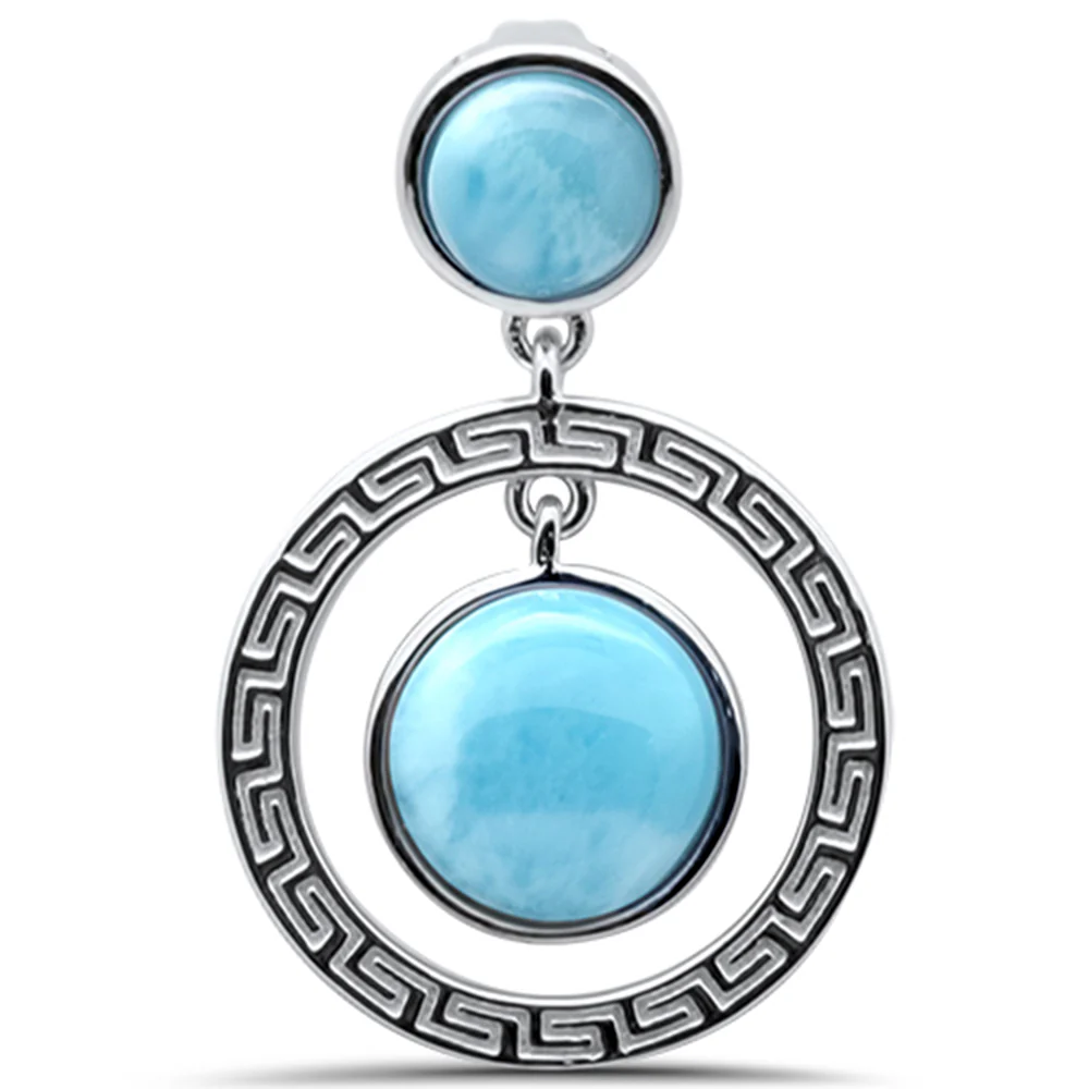 Round Natural Larimar Greek Design .925 Sterling Silver Pendant