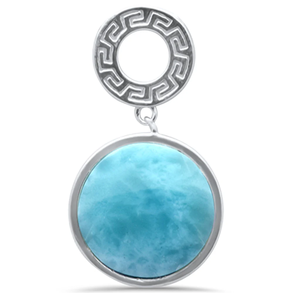 Round Natural Larimar Greek Design .925 Sterling Silver Pendant Necklace 16-18" Extension