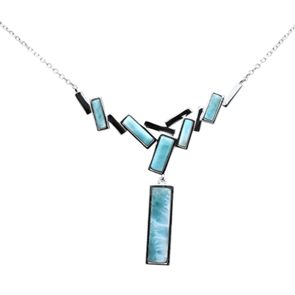 Rectangle Shape Natural Larimar .925 Steling Silver Pendant Necklace 16"