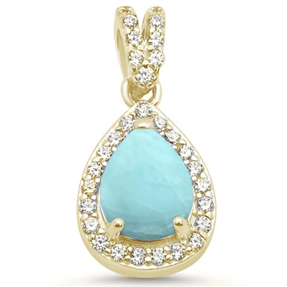 Yellow Gold Plated Pear Natural Larimar & CZ .925 Sterling Silver Pendant