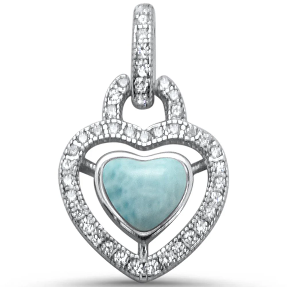 Elegant Halo Style Natural Larimar Heart .925 Sterling Silver Charm Pendant