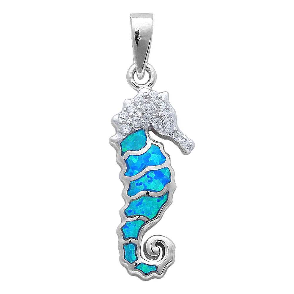 Blue Opal & Cz Sea Horse .925 Sterling Silver Pendant