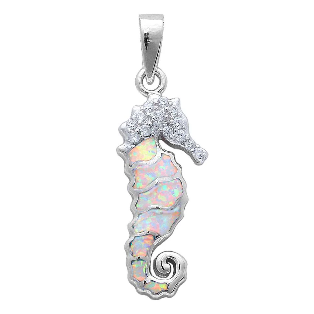 White Opal & Cz Sea Horse .925 Sterling Silver Pendant