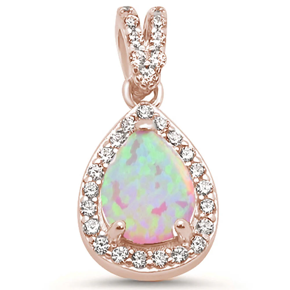 Rose Gold Plated Pear Pink Opal & Cubic Zirconia .925 Sterling Silver Pendant