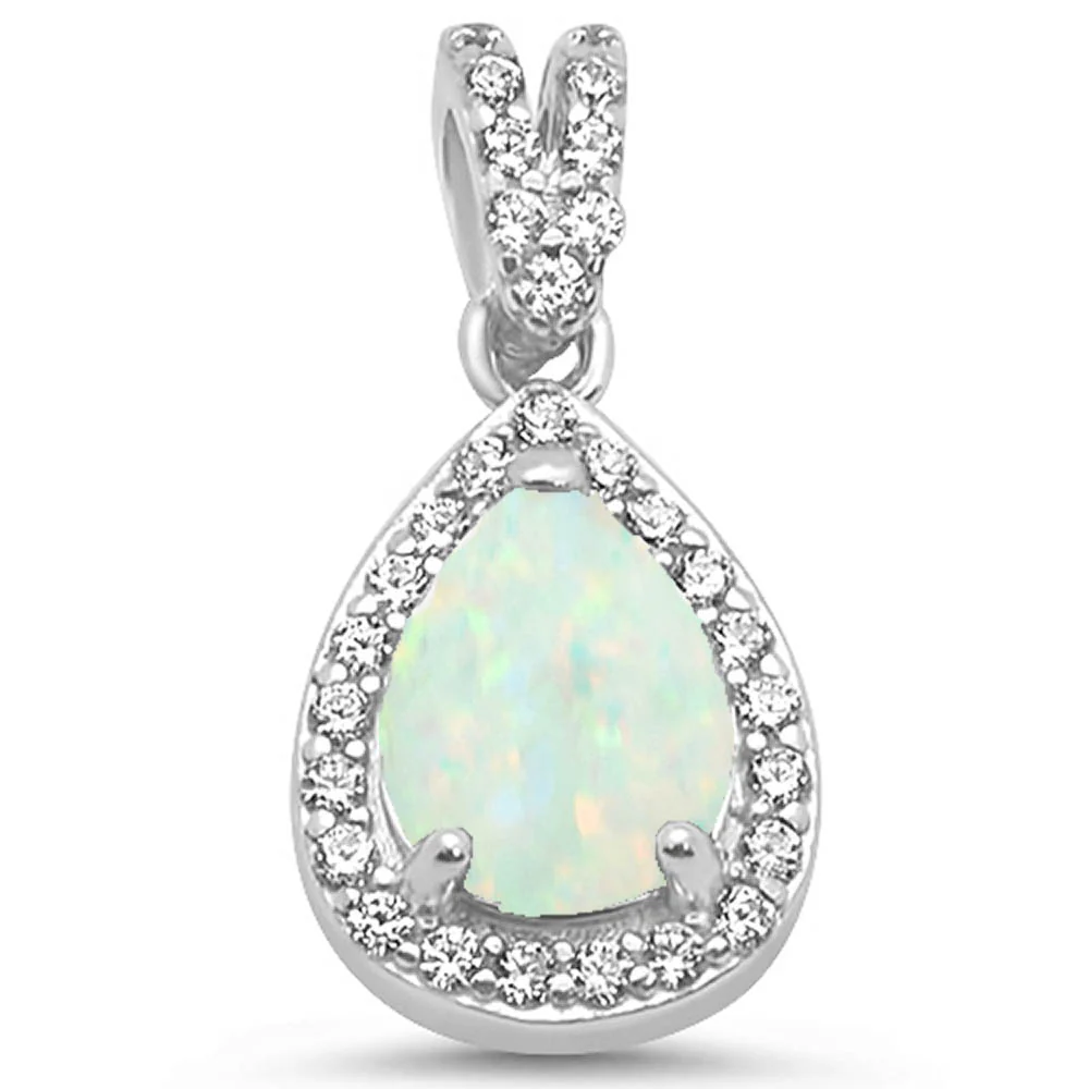 Pear White Opal & Cubic Zirconia .925 Sterling Silver Pendant