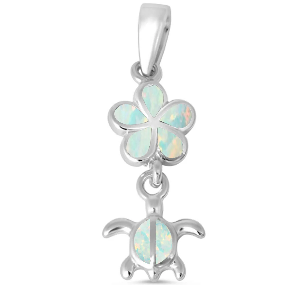 <span>CLOSEOUT! </span>White Opal Plumeria and Turtle .925 Sterling Silver Charm Pendant