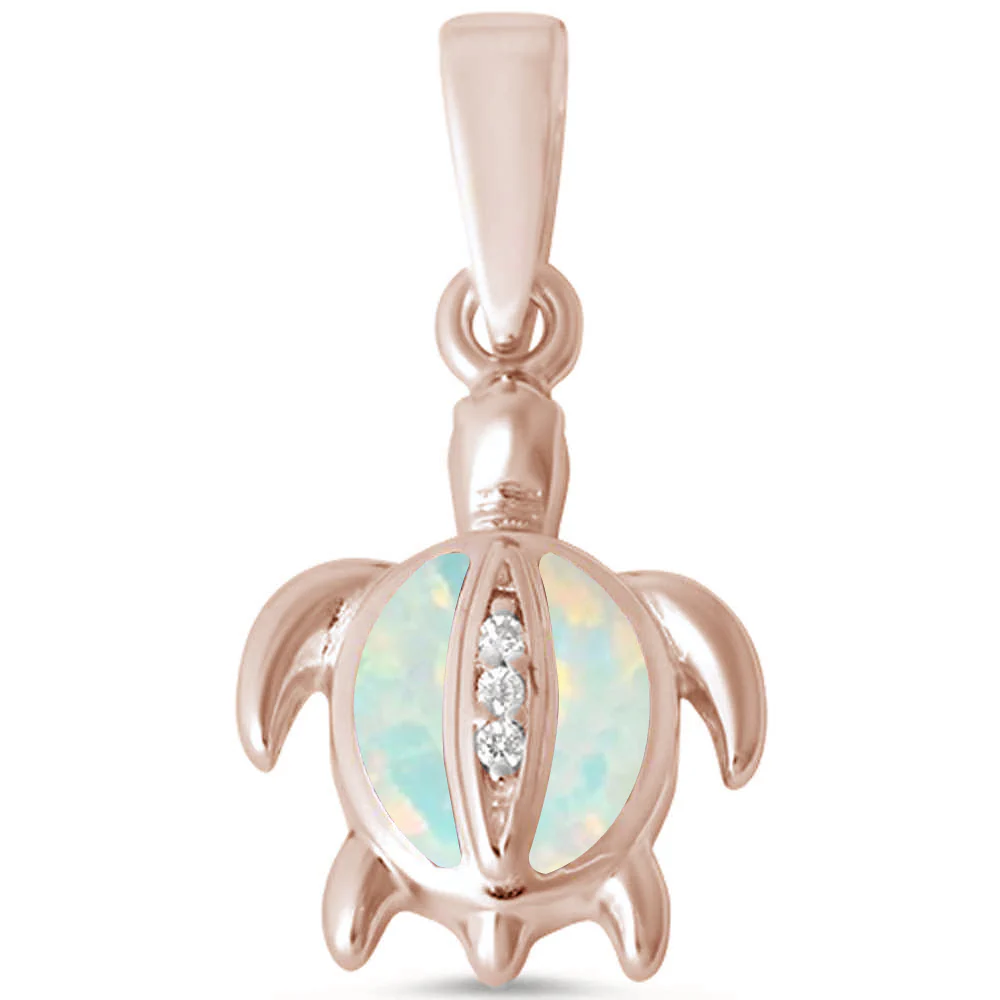 <span>CLOSEOUT! </span>Rose Gold Plated White Opal Turtle & CZ .925 Sterling Silver Pendant