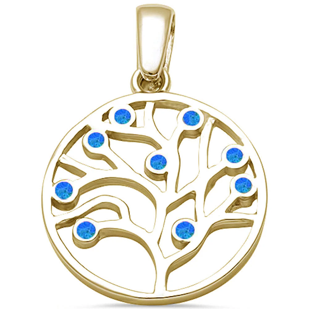 <span>CLOSEOUT! </span>Yellow gold Plated Blue Opal Tree of Life .925 Sterling Silver Pendant