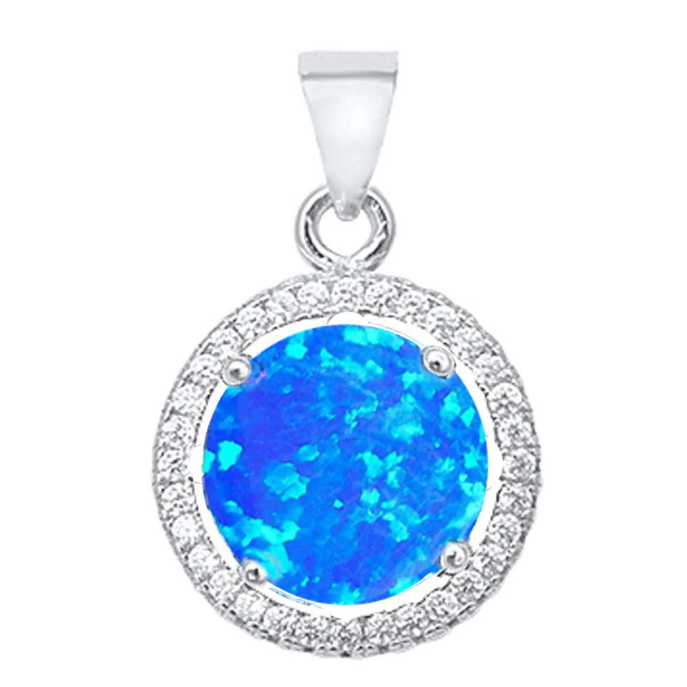 <span>CLOSEOUT! </span>Round Blue Opal & Cubic Zirconia .925 Sterling Silver Pendant