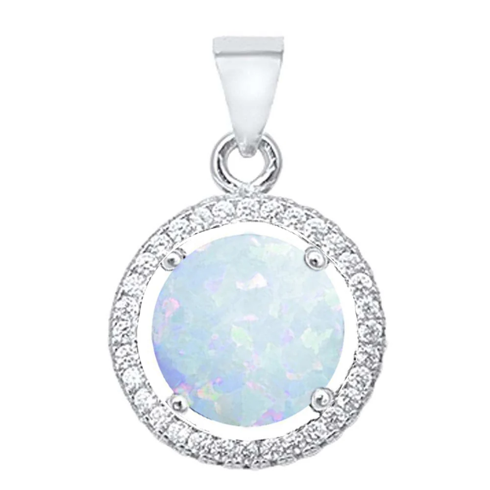 <span>CLOSEOUT! </span>Round White Opal & Cubic Zirconia .925 Sterling Silver Pendant