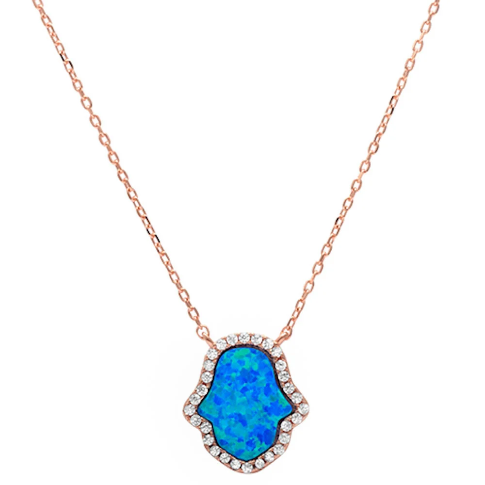 Rose Gold Plated Blue Opal Hamsa .925 Sterling Silver Pendant Necklace