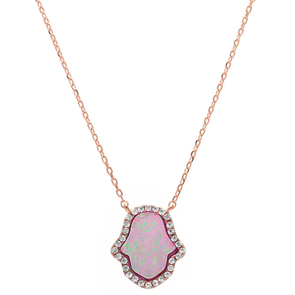 <span>CLOSEOUT! </span>Rose Gold Plated Pink Opal Hamsa .925 Sterling Silver Pendant Necklace
