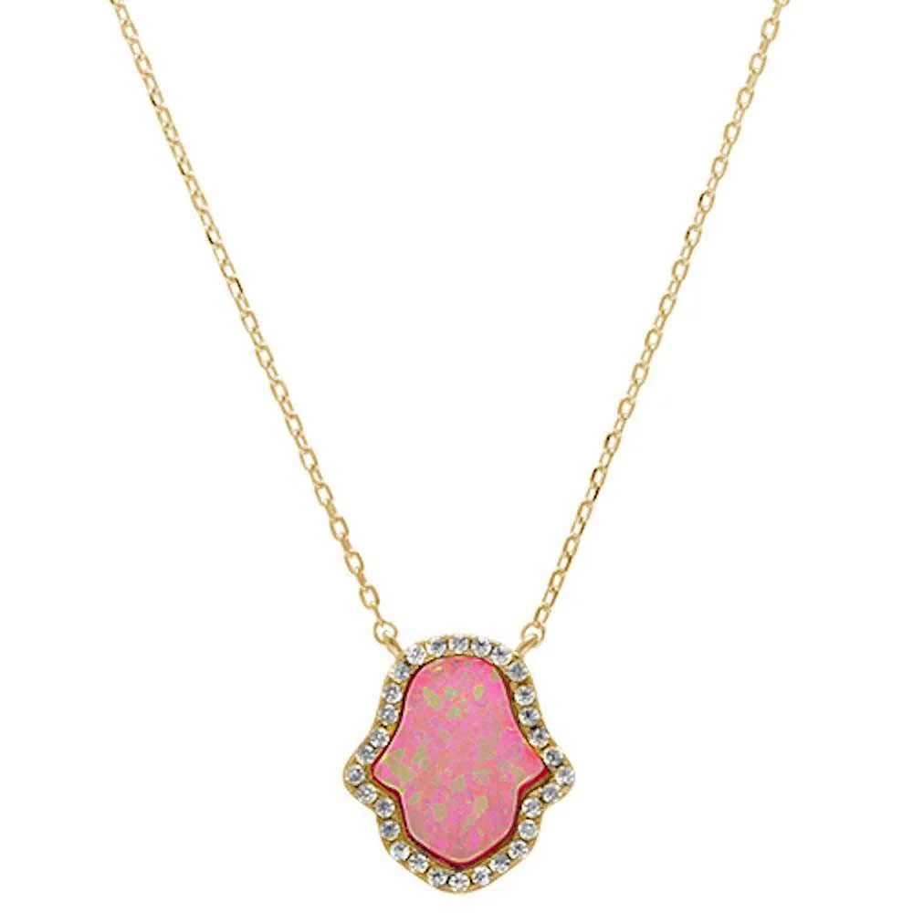 <span>CLOSEOUT! </span>Yellow Gold Plated Lab Created Pink Opal .925 Sterling Silver Pendant Necklace