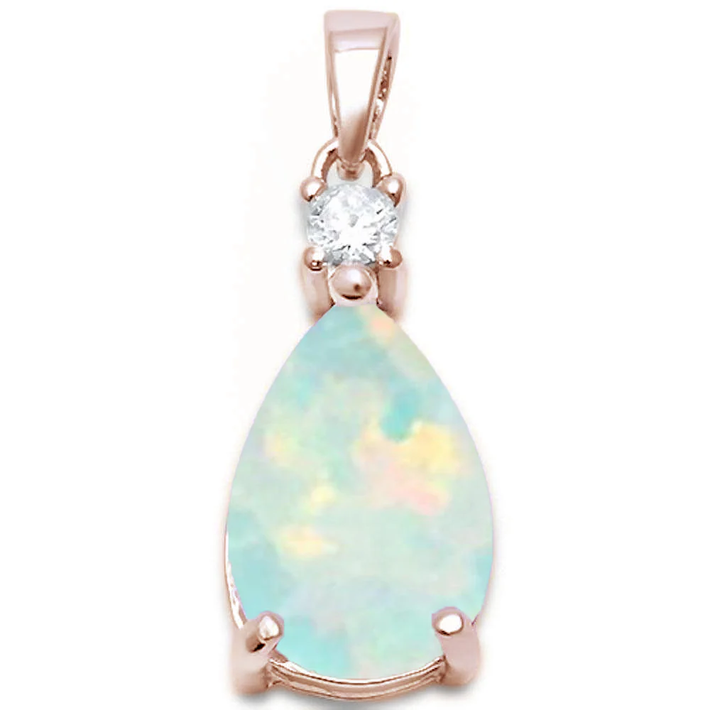 Rose Gold Plated Pear Shape White Opal & Cubic Zirconia .925 Sterling Silver Pendant