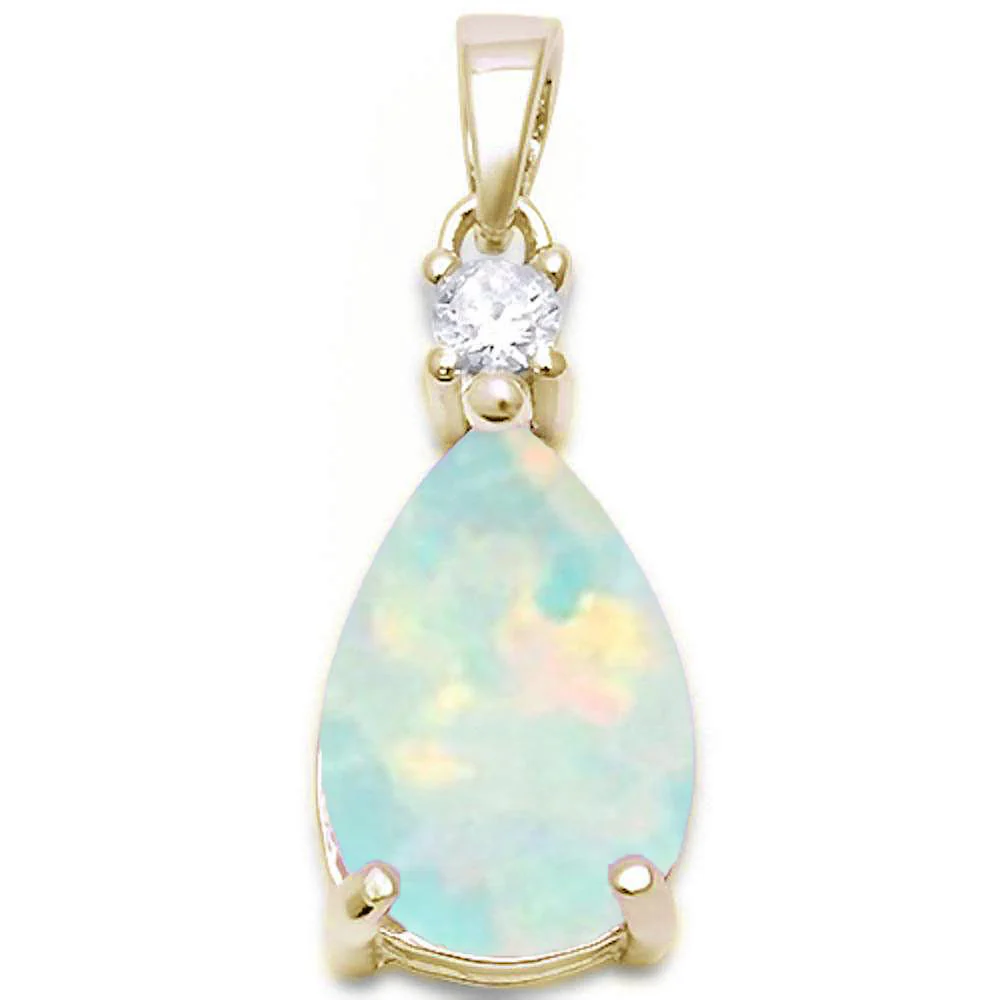 Yellow Gold Plated Pear Shape White Opal & Cubic Zirconia .925 Sterling Silver Pendant
