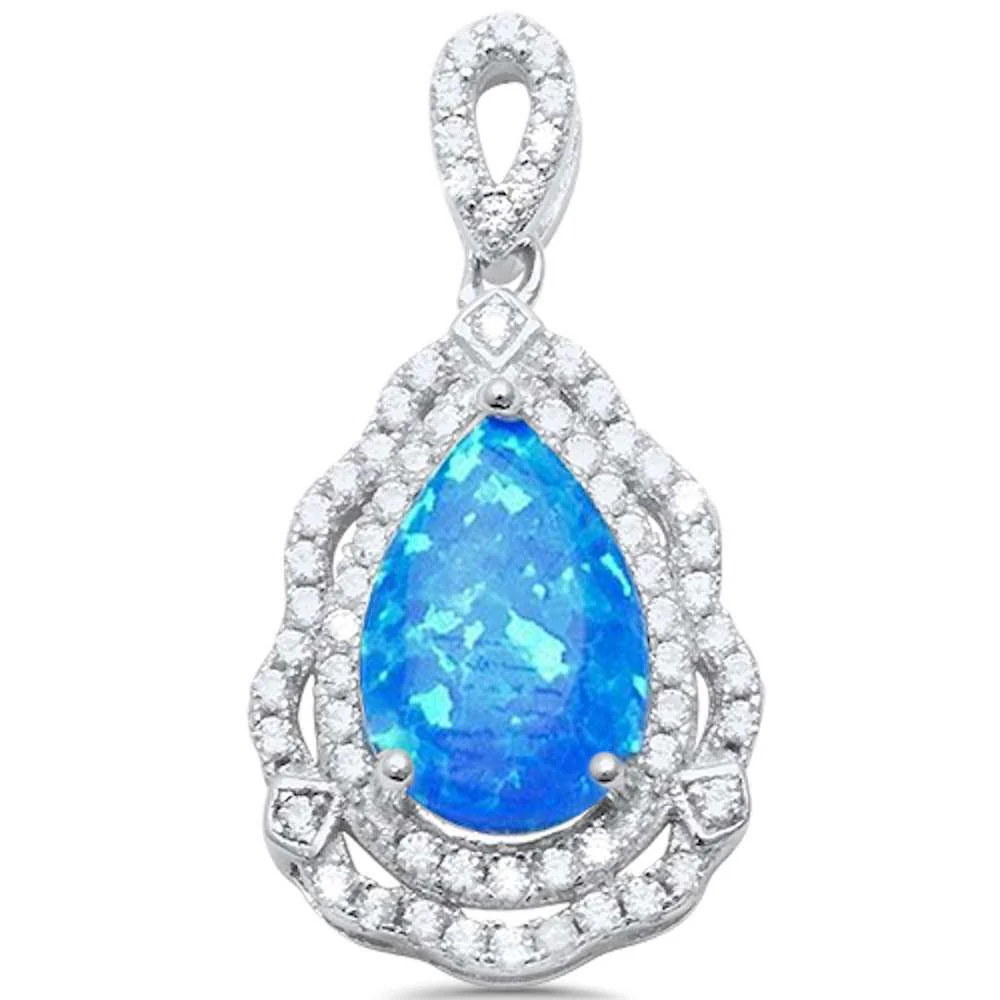 Pear Shape Blue Opal & Cubic Zirconia .925 Sterling Silver Pendant