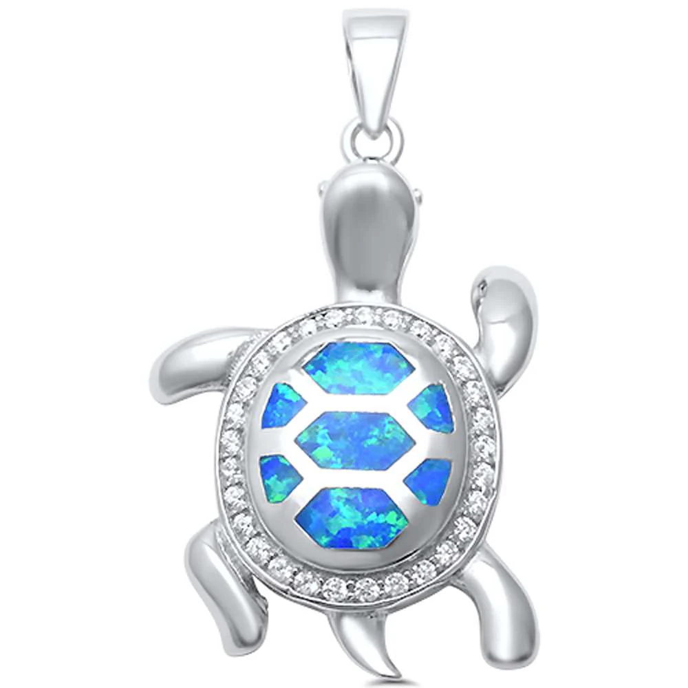 Blue Opal with CZ Turtle .925 Sterling Silver Pendant