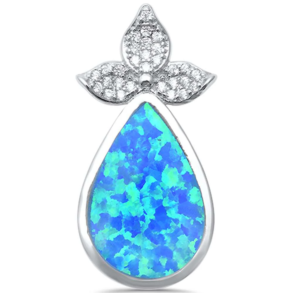 <span>CLOSEOUT! </span>Blue Opal with CZ Pear TearDrop .925 Sterling Silver Pendant