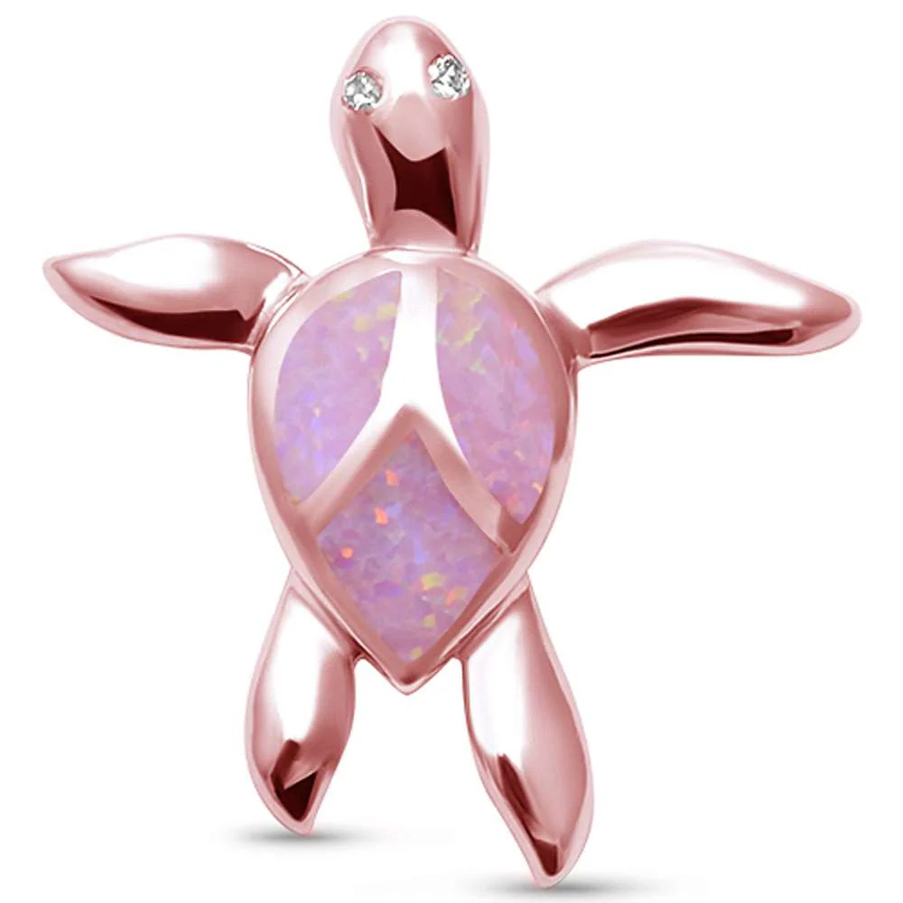 <span>CLOSEOUT! </span>Cute Pink Opal Rose Gold Turtle  .925 Sterling Silver Pendant