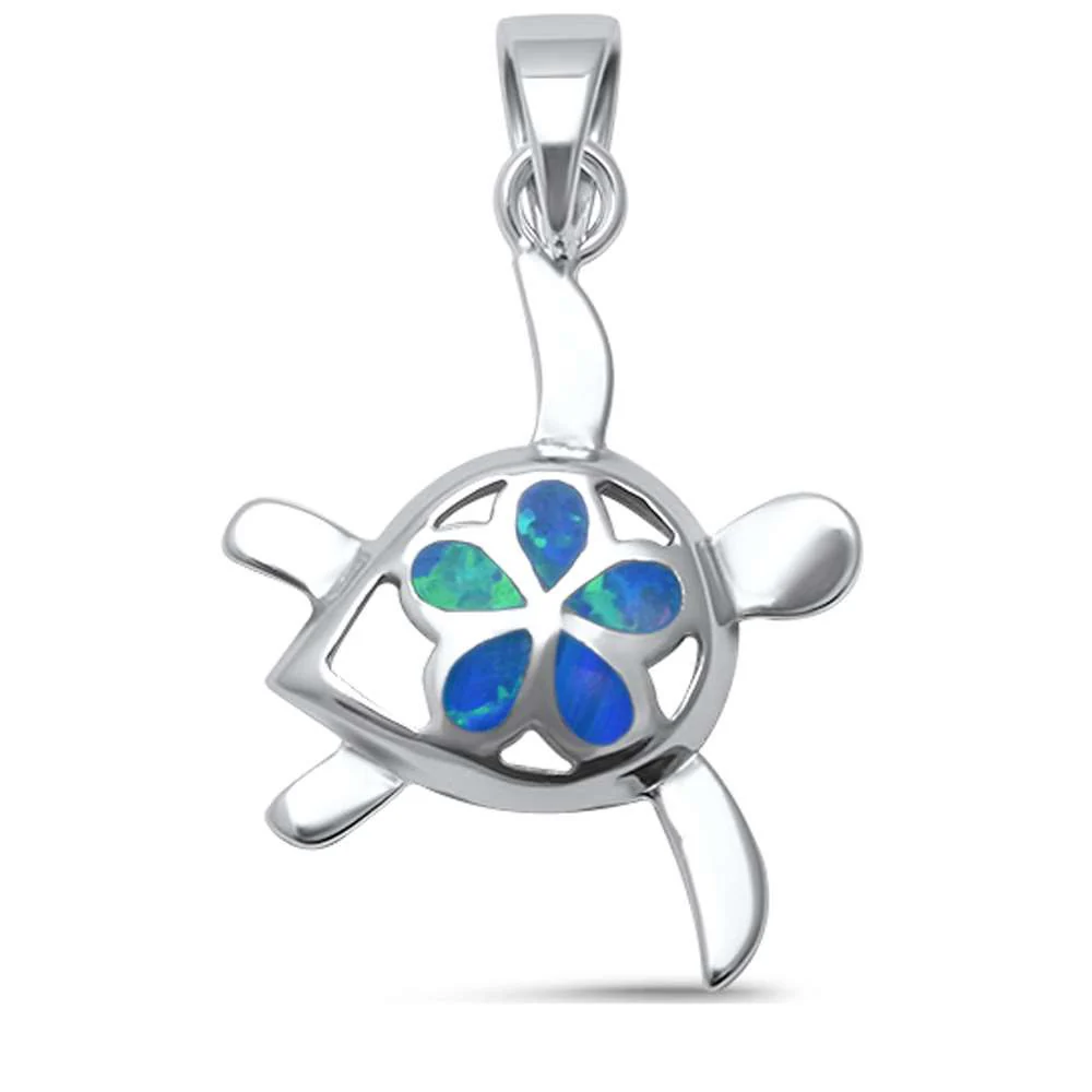 Cute Blue Opal Turtle .925 Sterling Silver Pendant