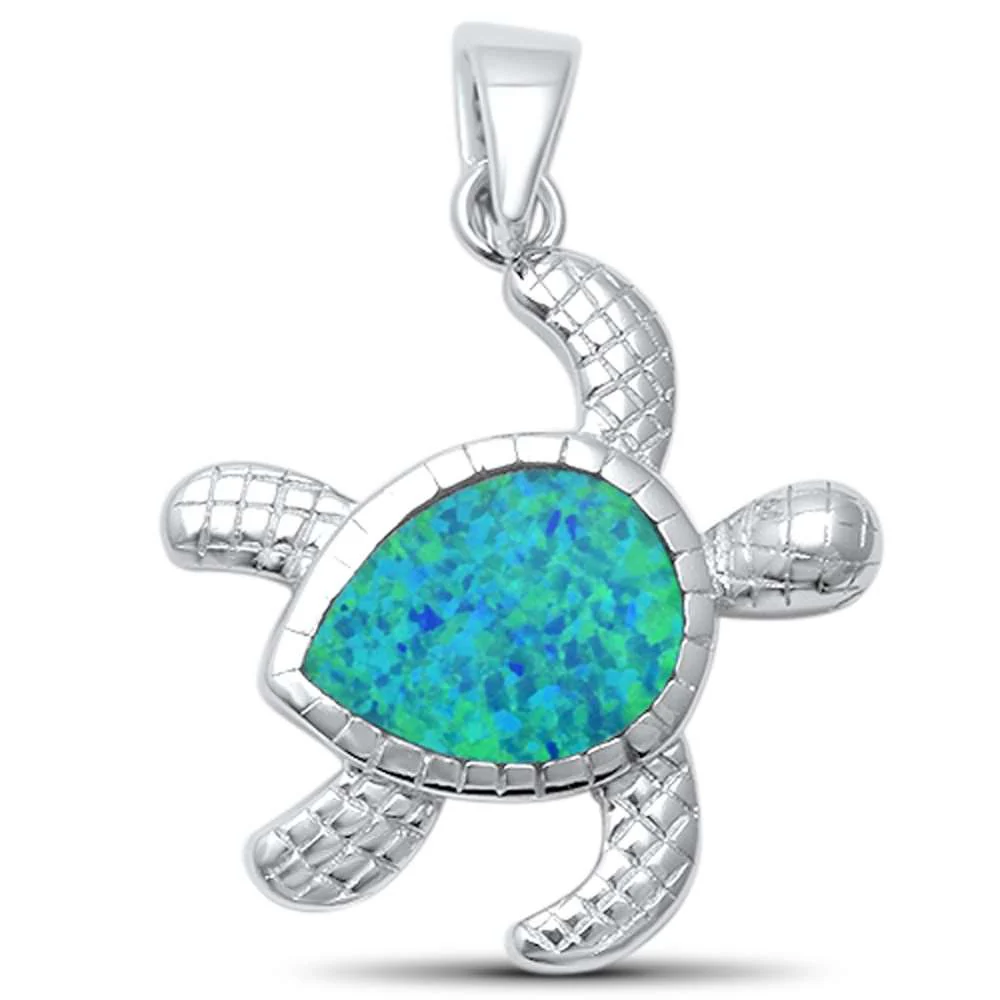 Cute Blue Opal Turtle  .925 Sterling Silver Pendant