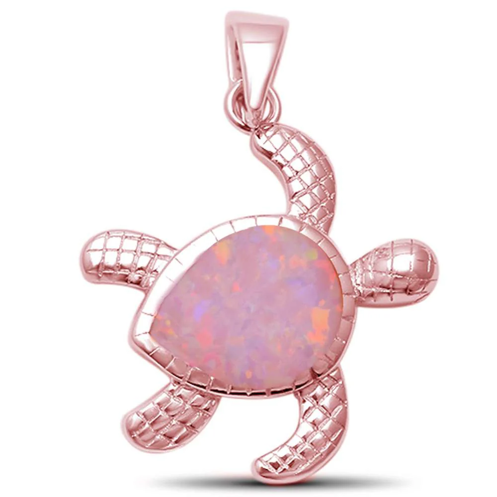 Cute Pink Opal Rose Gold Turtle  .925 Sterling Silver Pendant