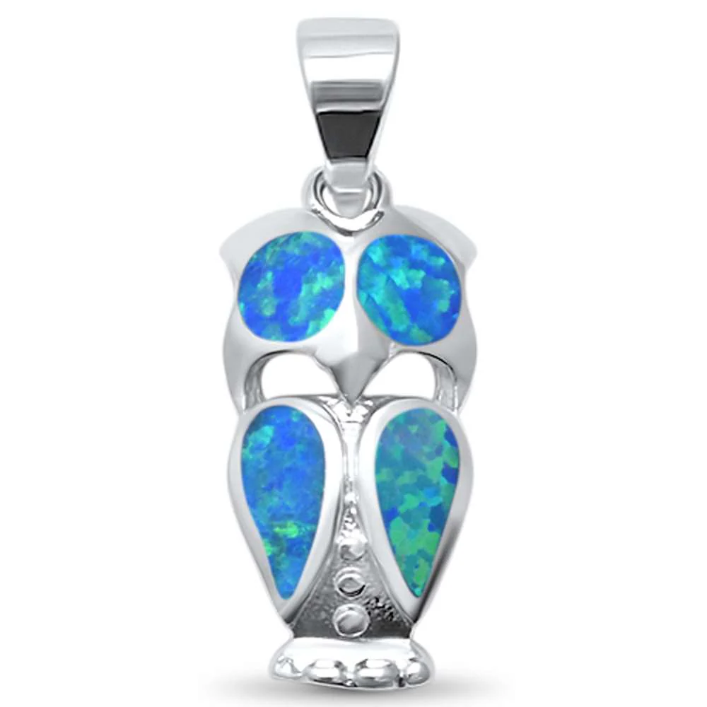 <span>CLOSEOUT!</span> Blue Opal Whimsical Owl .925 Sterling Silver Charm Pendant