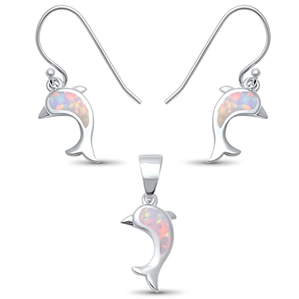 White Opal Dolphin .925 Sterling Silver Earring & Pendant set .5"