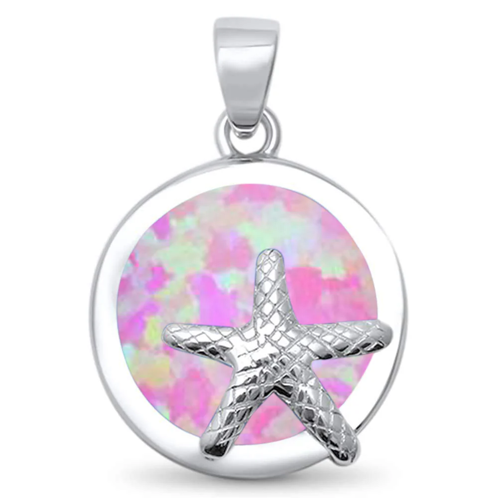 Round Pink Opal Starfish .925 Sterling Silver Pendant