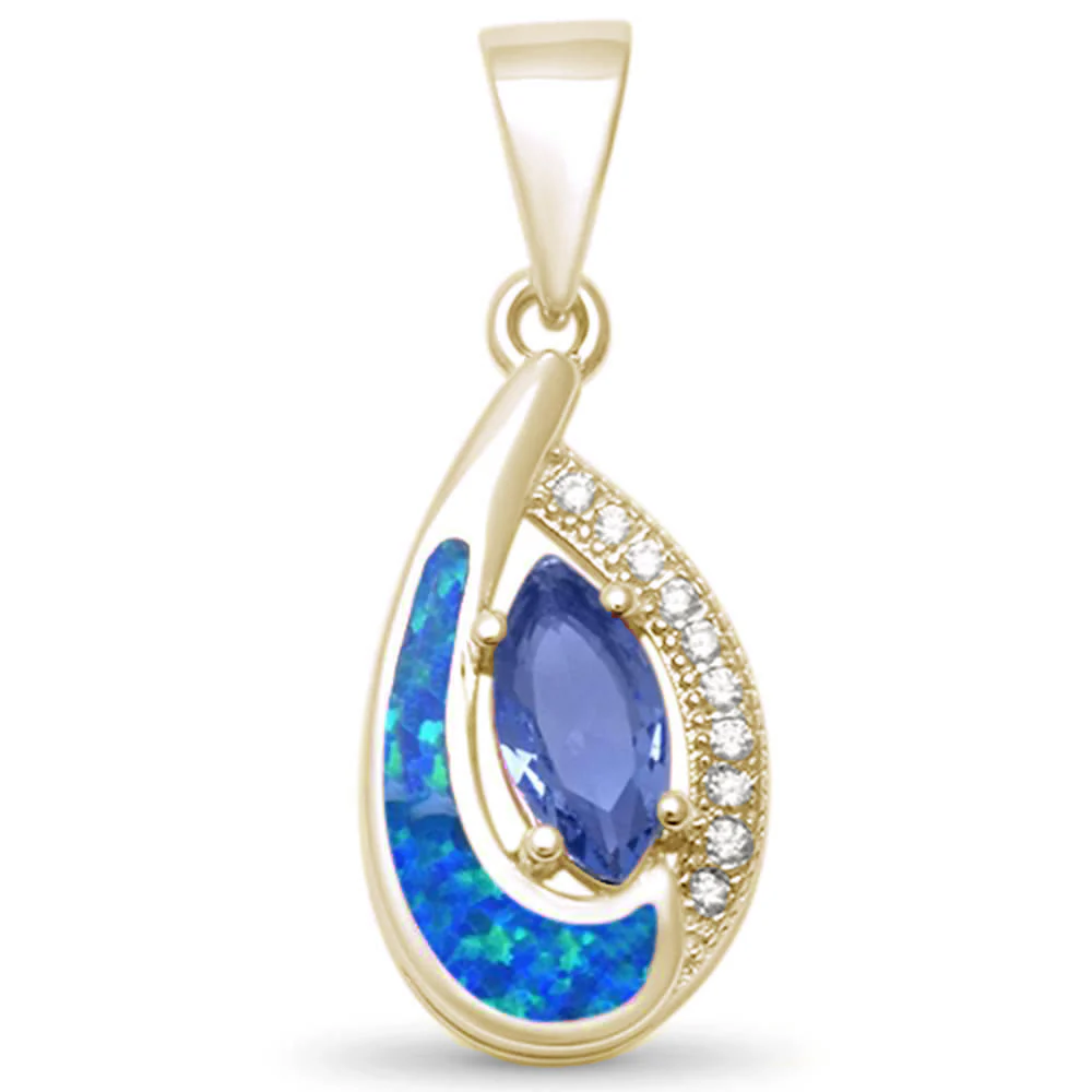Yellow Gold Plated Tear Drop Tanzanite, Cz & Blue Opal .925 Sterling Silver Pendant