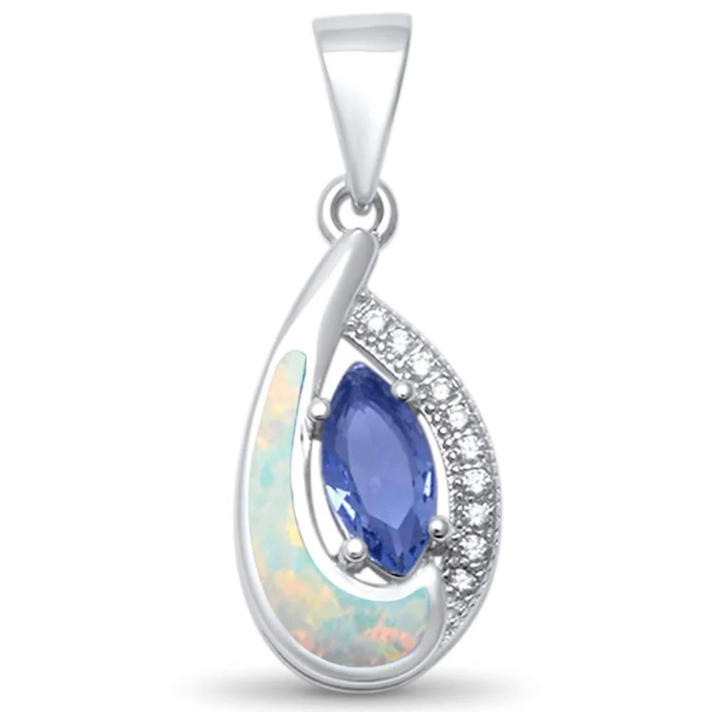 <span>CLOSEOUT! </span>Tear Drop Tanzanite, Cz & White Opal .925 Sterling Silver Pendant