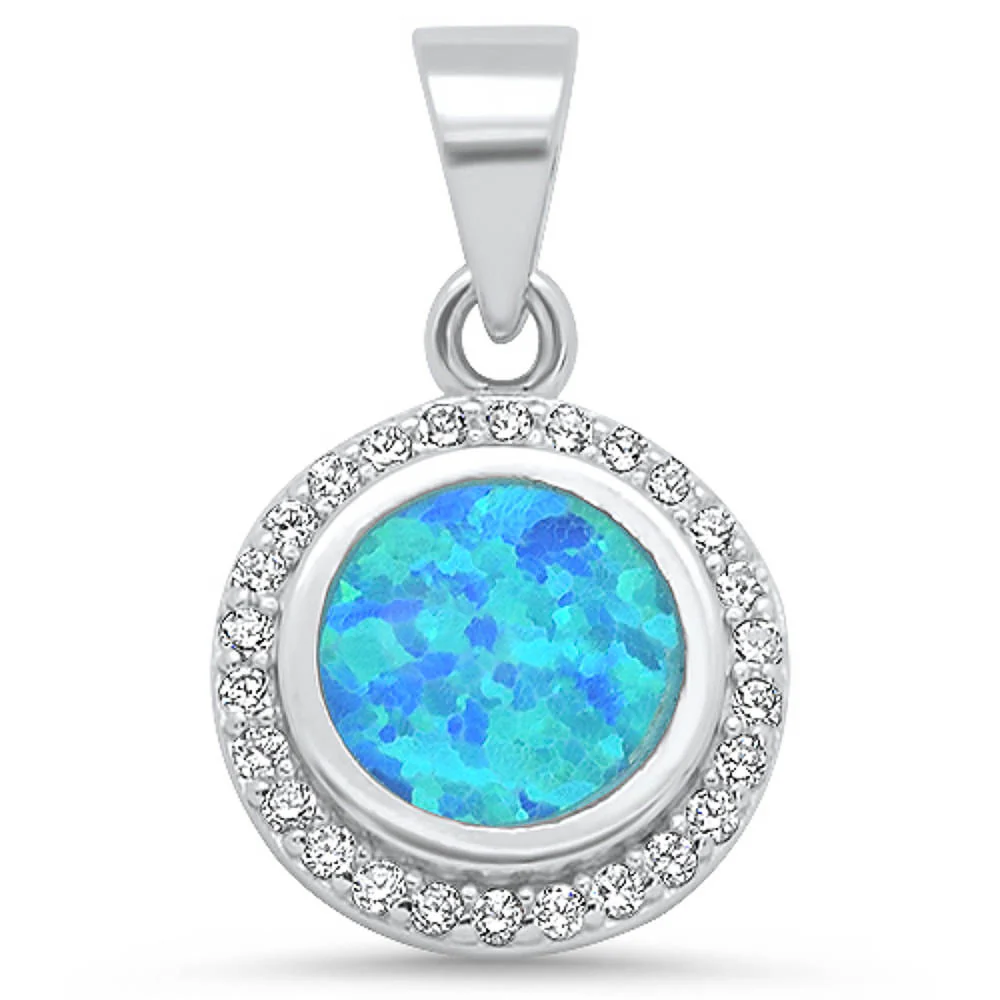 Round Blue Opal & Cubic Zirconia .925 Sterling Silver Pendant
