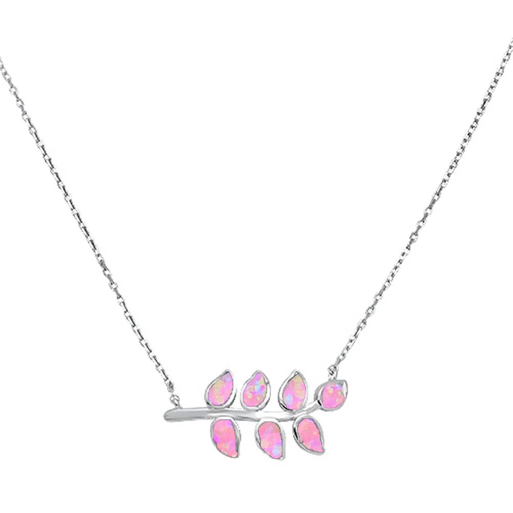<span>CLOSEOUT! </span>Pink Opal Leaf Design .925 Sterling Silver Necklace 16"+ 2" Ext
