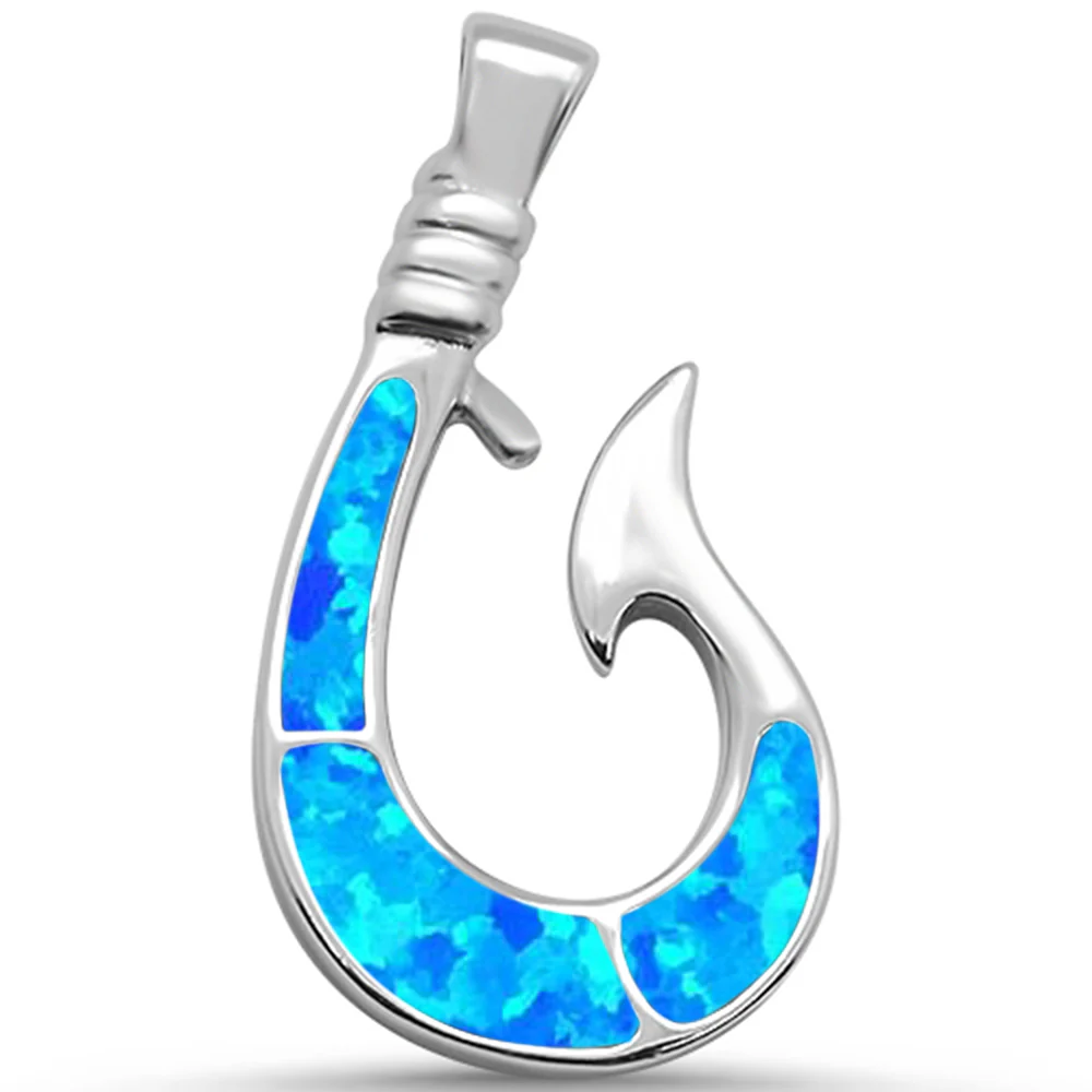 Blue Opal Fish Hook  .925 Sterling Silver Pendant