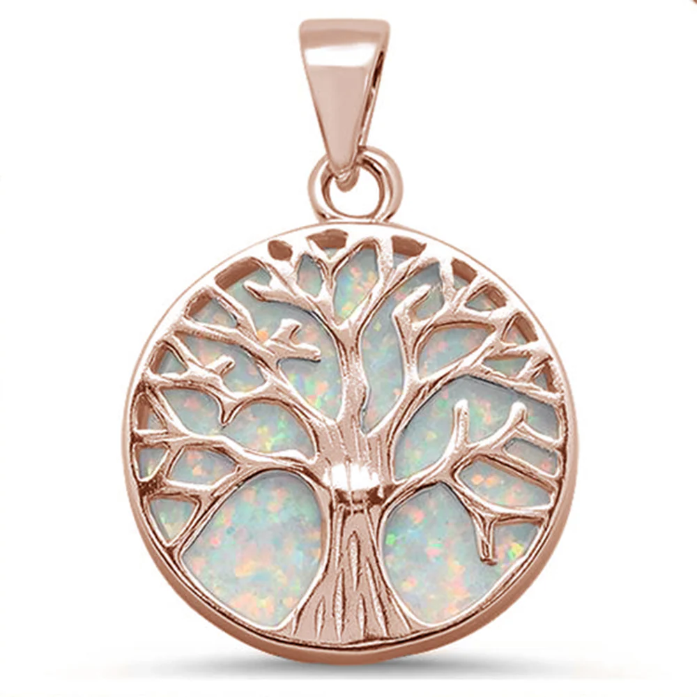 <span>CLOSEOUT! </span>Rose Gold Plated Round White Opal Tree of Life Design .925 Sterling Silver Pendant