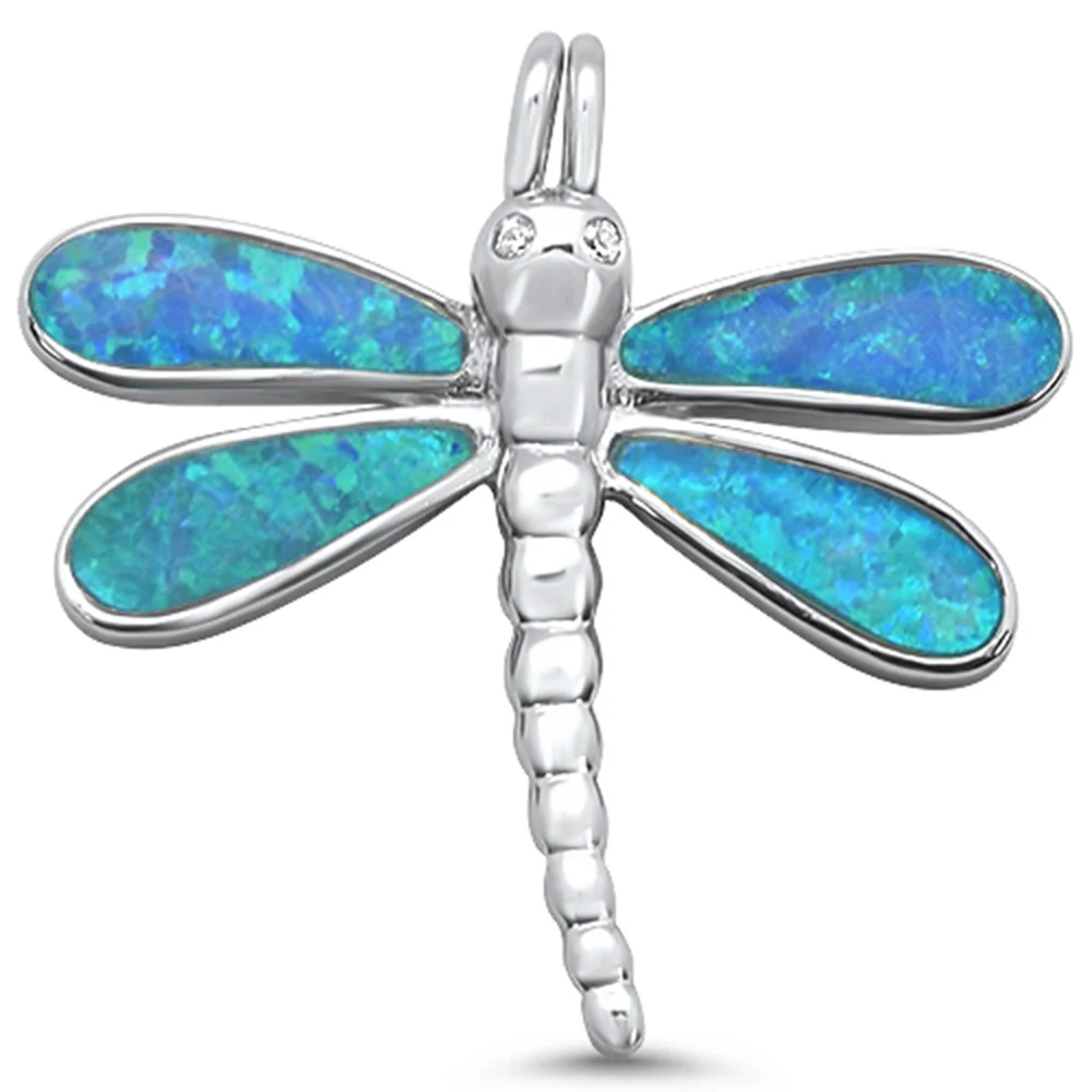 Blue Opal Dragonfly .925 Sterling Silver Charm Pendant