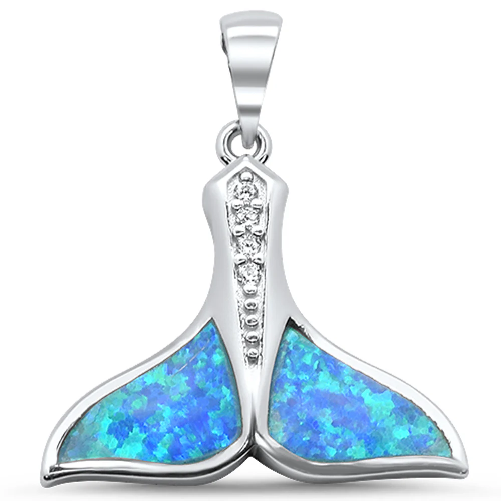 Blue Opal Whale Tail .925 Sterling Silver Pendant