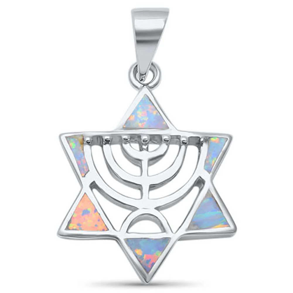 <span>CLOSEOUT! </span>White Opal Minorah Jewish Star of David .925 Sterling Silver Pendant