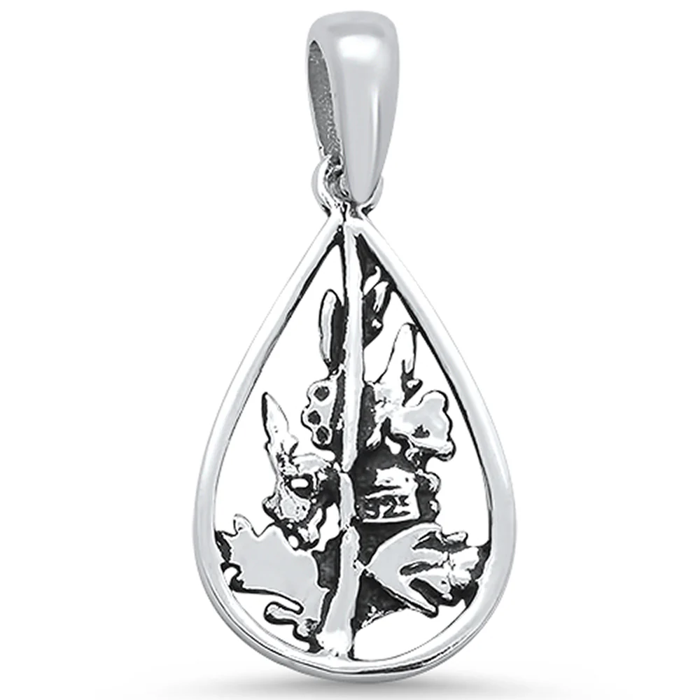 <span>CLOSEOUT! </span>Plain Pear Shape with Flowers & Leaves .925 Sterling Silver Pendant
