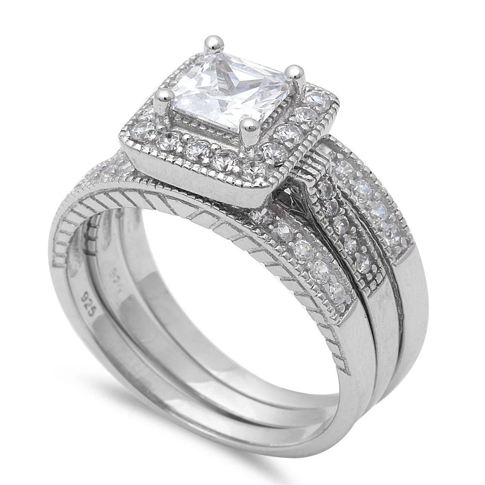 <span>CLOSEOUT! </span>3 Piece Set Princess Cut Solitaire .925 Sterling Silver Ring Set