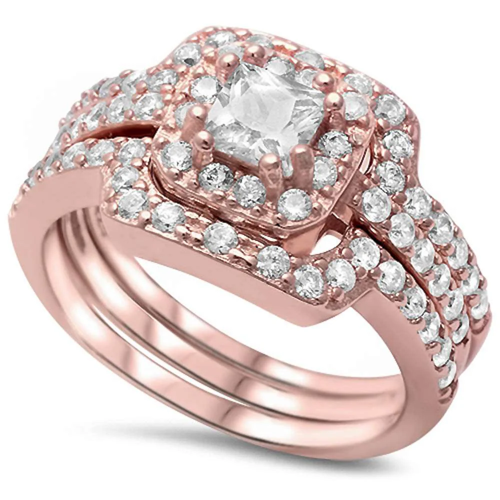 <span>CLOSEOUT!</span>3 Piece Rose Gold Plated Cubic Zirconia .925 Sterling Silver Ring Set