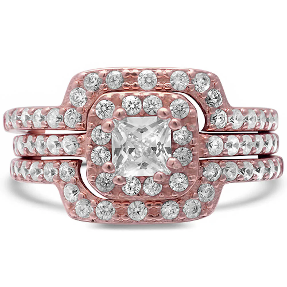 <span>CLOSEOUT!</span>3 Piece Rose Gold Plated Cubic Zirconia .925 Sterling Silver Ring Set - Image 2