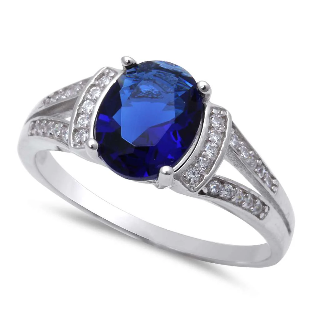 <span>CLOSEOUT!</span> Oval Shape Blue Sapphire & Cubic Zirconia .925 Sterling Silver Ring
