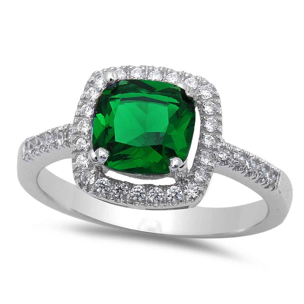 <span>CLOSEOUT!</span>Cushion Cut Emerald Ring with CZ Sterling Silver Sizes 4, 8, 10