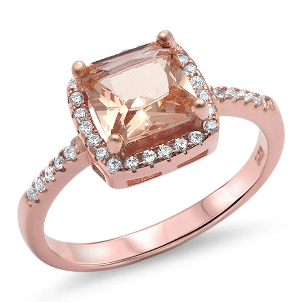 <span>CLOSEOUT! </span>Princess Cut Morganite & Cz Engagment  .925 Sterling Silver Ring Sizes 4-11