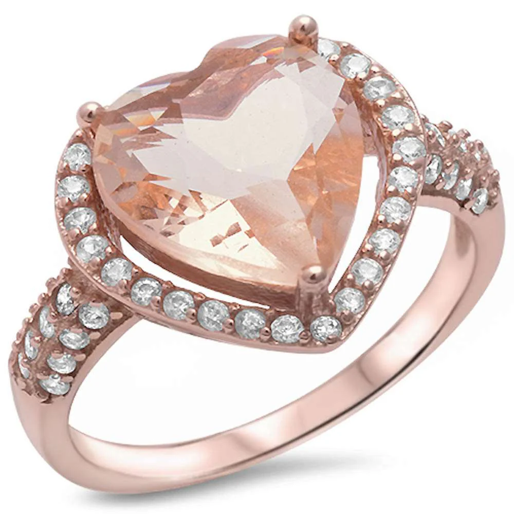 <span>CLOSEOUT! </span>Rose Gold Plated Morganite & Pave Cubic Zirconia Heart .925 Sterling Silver Ring