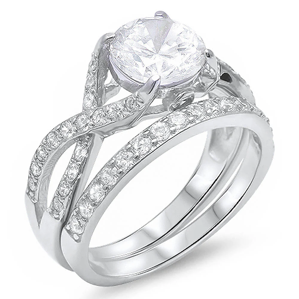 <span>CLOSEOUT! </span>2ct Round CZ 2 Rings Engagement Set .925 Sterling Silver Ring Sizes 5-9 , 11