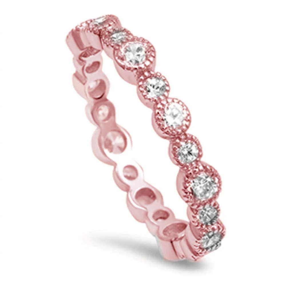 <span>CLOSEOUT! </span>Rose Gold Plated Round Cz Eternity Band .925 Sterling Silver Ring
